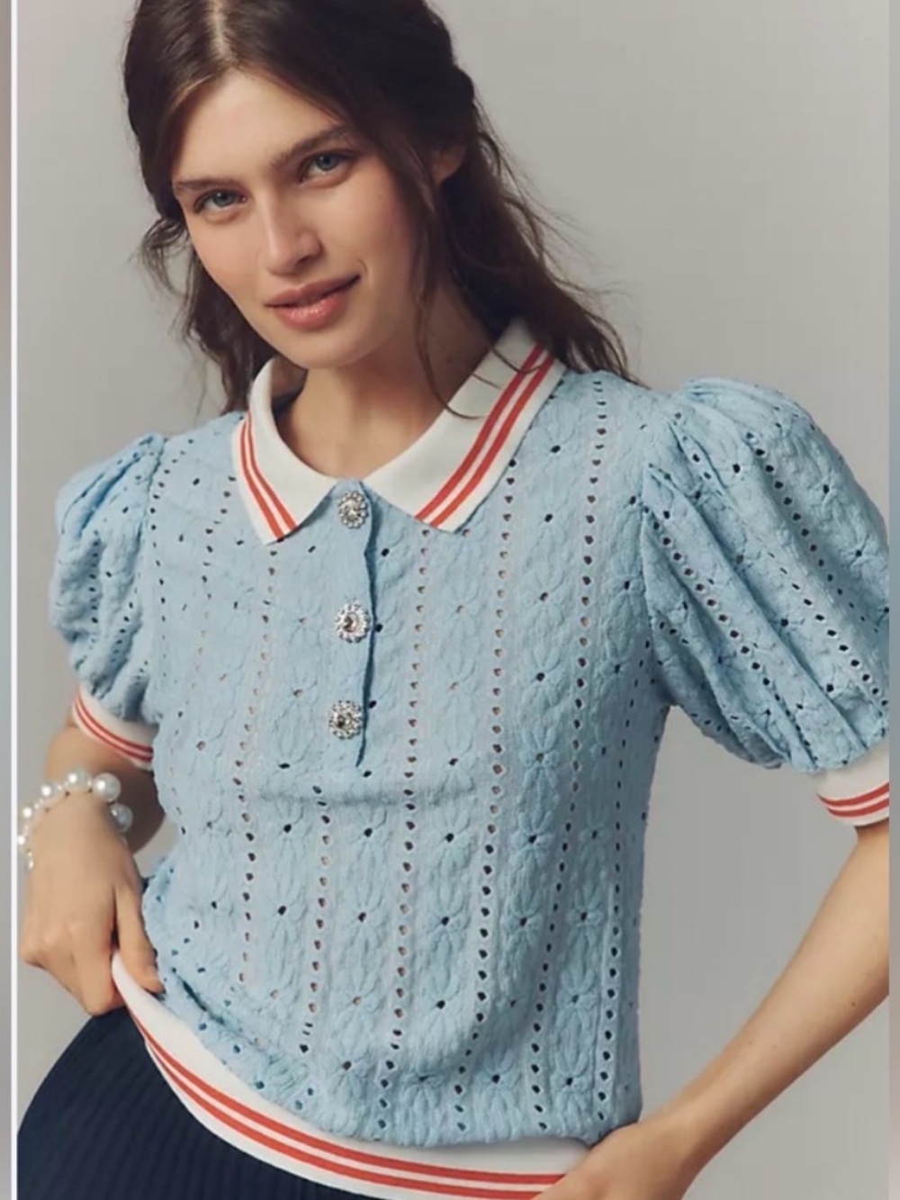 NWT Maeve Light Blue Eyelet Button-Down Polo with Puff Sleeves